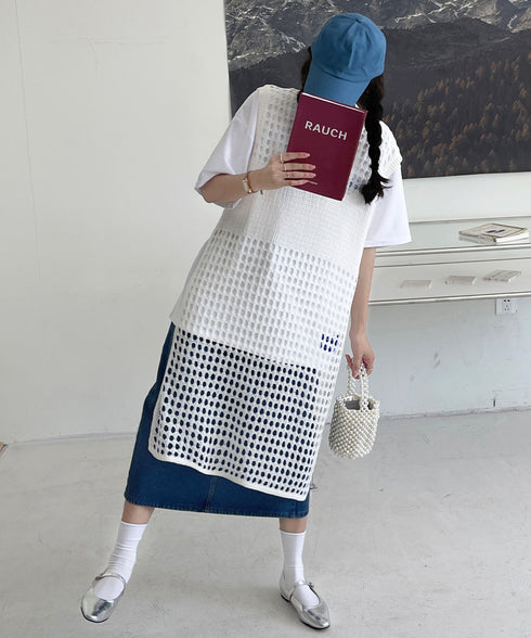 透かし編みロングベストサイドスリット夏服 レディース ノースリーブ チュニックニットベスト レイヤード 重ね着メッシュジレ 大人可愛い ニットワンピース ゆったり 83YIKE-001