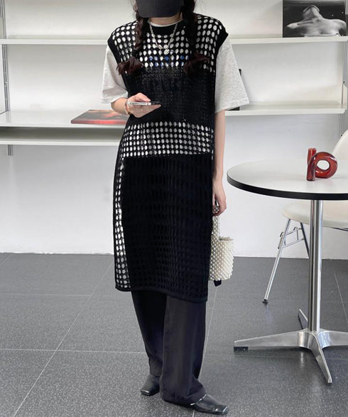 透かし編みロングベストサイドスリット夏服 レディース ノースリーブ チュニックニットベスト レイヤード 重ね着メッシュジレ 大人可愛い ニットワンピース ゆったり 83YIKE-001