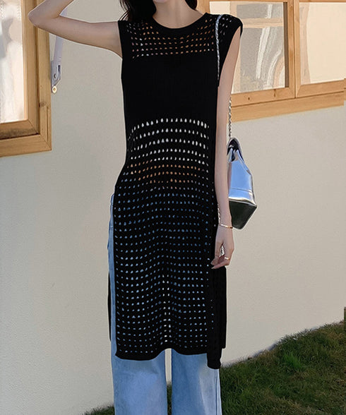 透かし編みロングベストサイドスリット夏服 レディース ノースリーブ チュニックニットベスト レイヤード 重ね着メッシュジレ 大人可愛い ニットワンピース ゆったり 83YIKE-001