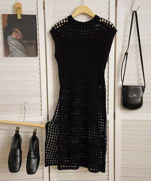 透かし編みロングベストサイドスリット夏服 レディース ノースリーブ チュニックニットベスト レイヤード 重ね着メッシュジレ 大人可愛い ニットワンピース ゆったり 83YIKE-001