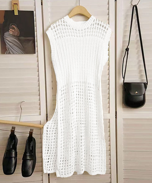 透かし編みロングベストサイドスリット夏服 レディース ノースリーブ チュニックニットベスト レイヤード 重ね着メッシュジレ 大人可愛い ニットワンピース ゆったり 83YIKE-001