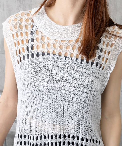 透かし編みロングベストサイドスリット夏服 レディース ノースリーブ チュニックニットベスト レイヤード 重ね着メッシュジレ 大人可愛い ニットワンピース ゆったり 83YIKE-001