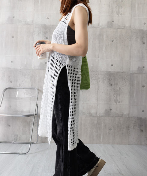 透かし編みロングベストサイドスリット夏服 レディース ノースリーブ チュニックニットベスト レイヤード 重ね着メッシュジレ 大人可愛い ニットワンピース ゆったり 83YIKE-001