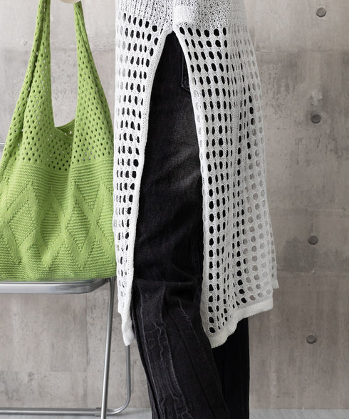 透かし編みロングベストサイドスリット夏服 レディース ノースリーブ チュニックニットベスト レイヤード 重ね着メッシュジレ 大人可愛い ニットワンピース ゆったり 83YIKE-001