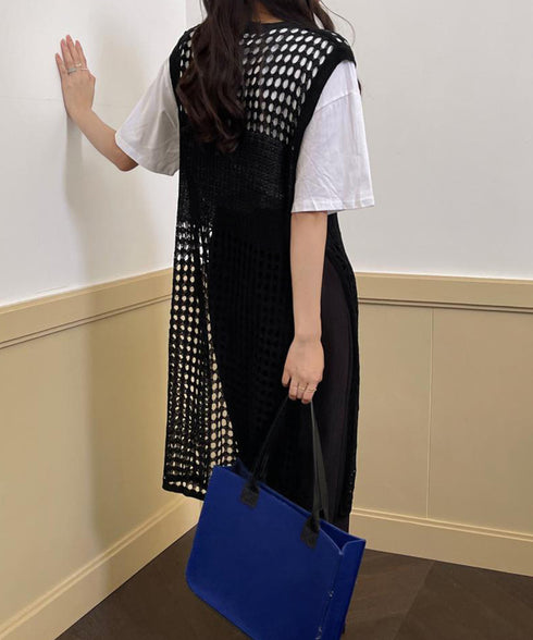 透かし編みロングベストサイドスリット夏服 レディース ノースリーブ チュニックニットベスト レイヤード 重ね着メッシュジレ 大人可愛い ニットワンピース ゆったり 83YIKE-001
