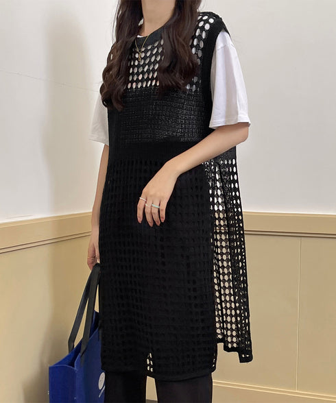 透かし編みロングベストサイドスリット夏服 レディース ノースリーブ チュニックニットベスト レイヤード 重ね着メッシュジレ 大人可愛い ニットワンピース ゆったり 83YIKE-001