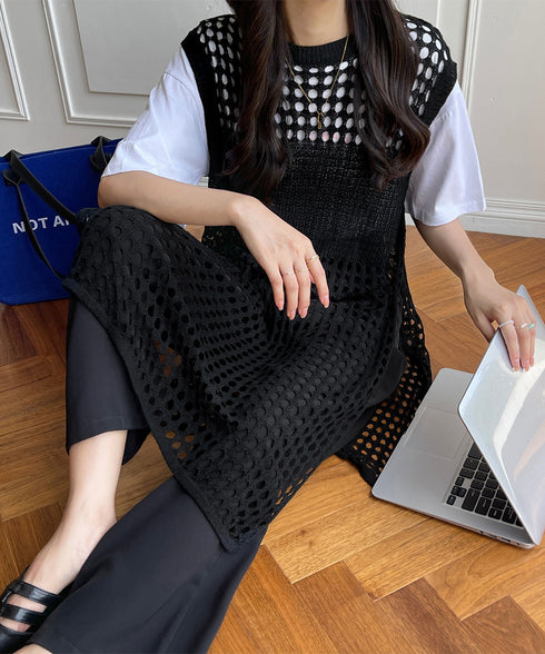 透かし編みロングベストサイドスリット夏服 レディース ノースリーブ チュニックニットベスト レイヤード 重ね着メッシュジレ 大人可愛い ニットワンピース ゆったり 83YIKE-001