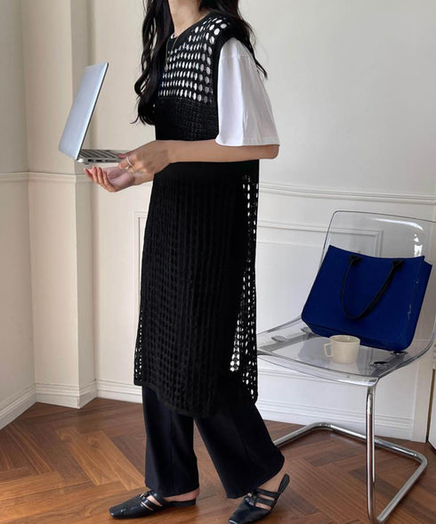 透かし編みロングベストサイドスリット夏服 レディース ノースリーブ チュニックニットベスト レイヤード 重ね着メッシュジレ 大人可愛い ニットワンピース ゆったり 83YIKE-001