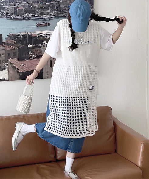 透かし編みロングベストサイドスリット夏服 レディース ノースリーブ チュニックニットベスト レイヤード 重ね着メッシュジレ 大人可愛い ニットワンピース ゆったり 83YIKE-001