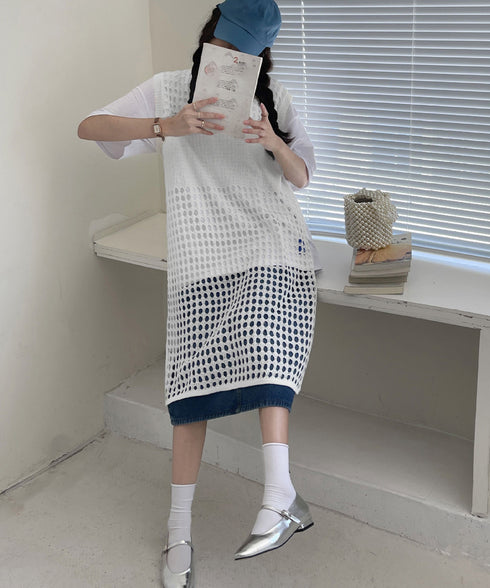透かし編みロングベストサイドスリット夏服 レディース ノースリーブ チュニックニットベスト レイヤード 重ね着メッシュジレ 大人可愛い ニットワンピース ゆったり 83YIKE-001