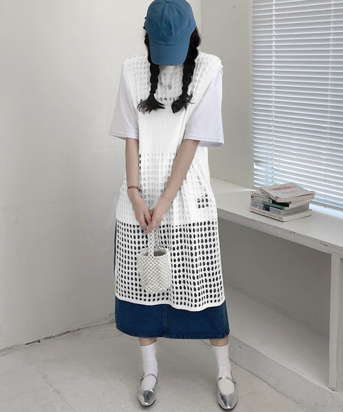透かし編みロングベストサイドスリット夏服 レディース ノースリーブ チュニックニットベスト レイヤード 重ね着メッシュジレ 大人可愛い ニットワンピース ゆったり 83YIKE-001