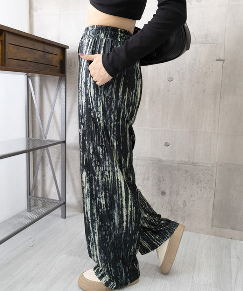 水墨風ワイドパンツ 薄手ドレープパンツ夏 レディース ハイウエスト ストレートパンツ ゆったりロングパンツ 涼しいサマーパンツ ウエストゴム 楽ちんイージーパンツ 83YIKELI-002