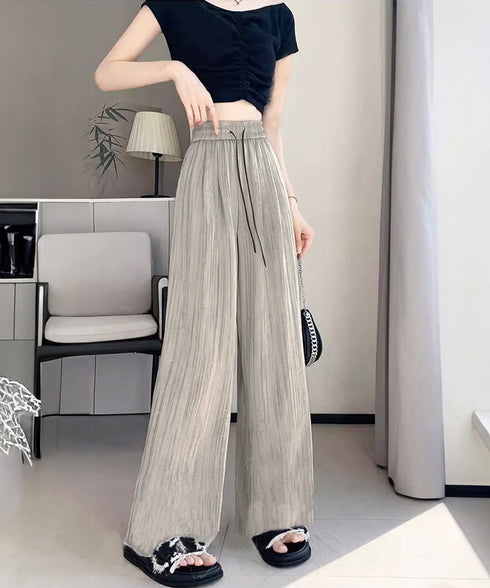 水墨風ワイドパンツ 薄手ドレープパンツ夏 レディース ハイウエスト ストレートパンツ ゆったりロングパンツ 涼しいサマーパンツ ウエストゴム 楽ちんイージーパンツ 83YIKELI-002