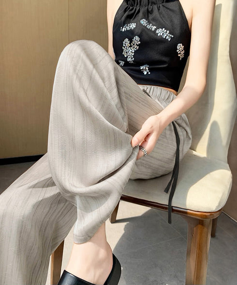 水墨風ワイドパンツ 薄手ドレープパンツ夏 レディース ハイウエスト ストレートパンツ ゆったりロングパンツ 涼しいサマーパンツ ウエストゴム 楽ちんイージーパンツ 83YIKELI-002