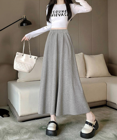 ラメ入りロングスカート キラキラスカート レディース フレアスカート ハイウエストAラインスカート カジュアルきれいめ 大人可愛いボトムス春秋冬 体型カバー韓国風 83YIKELI-003