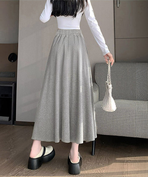 ラメ入りロングスカート キラキラスカート レディース フレアスカート ハイウエストAラインスカート カジュアルきれいめ 大人可愛いボトムス春秋冬 体型カバー韓国風 83YIKELI-003