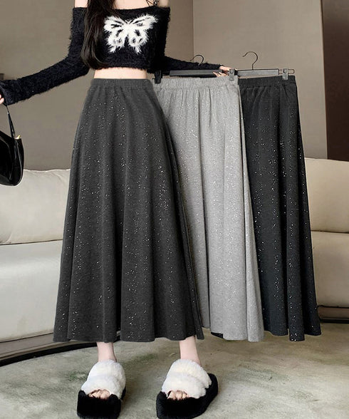 ラメ入りロングスカート キラキラスカート レディース フレアスカート ハイウエストAラインスカート カジュアルきれいめ 大人可愛いボトムス春秋冬 体型カバー韓国風 83YIKELI-003