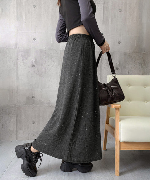 ラメ入りロングスカート キラキラスカート レディース フレアスカート ハイウエストAラインスカート カジュアルきれいめ 大人可愛いボトムス春秋冬 体型カバー韓国風 83YIKELI-003