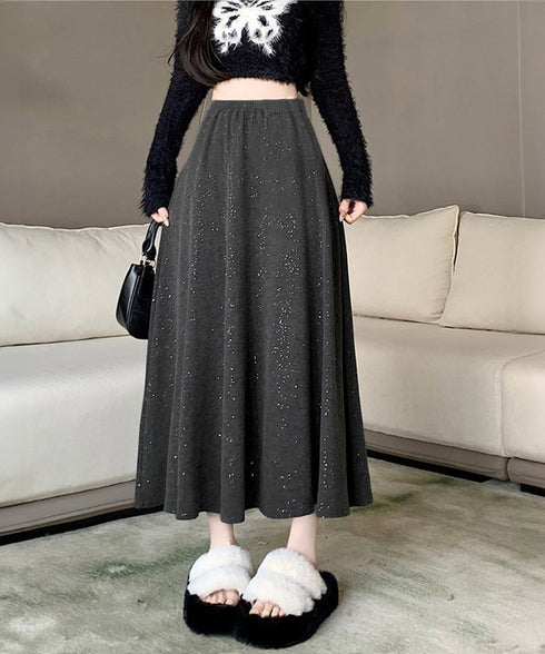 ラメ入りロングスカート キラキラスカート レディース フレアスカート ハイウエストAラインスカート カジュアルきれいめ 大人可愛いボトムス春秋冬 体型カバー韓国風 83YIKELI-003