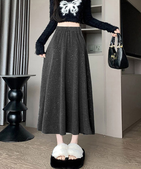 ラメ入りロングスカート キラキラスカート レディース フレアスカート ハイウエストAラインスカート カジュアルきれいめ 大人可愛いボトムス春秋冬 体型カバー韓国風 83YIKELI-003