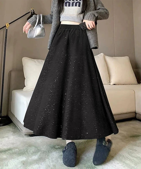 ラメ入りロングスカート キラキラスカート レディース フレアスカート ハイウエストAラインスカート カジュアルきれいめ 大人可愛いボトムス春秋冬 体型カバー韓国風 83YIKELI-003
