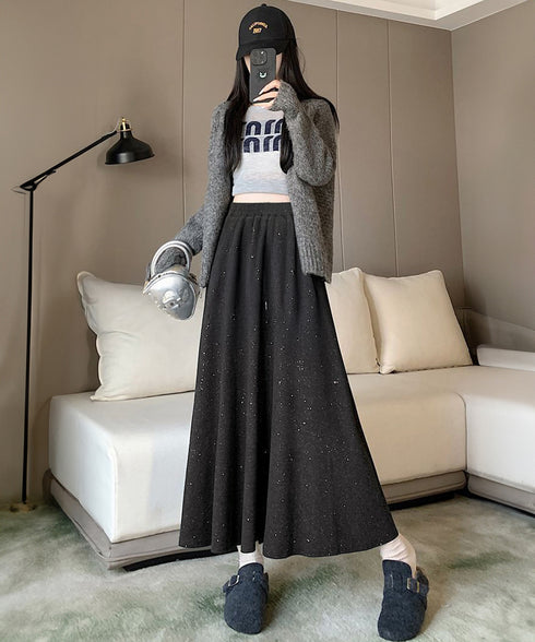 ラメ入りロングスカート キラキラスカート レディース フレアスカート ハイウエストAラインスカート カジュアルきれいめ 大人可愛いボトムス春秋冬 体型カバー韓国風 83YIKELI-003