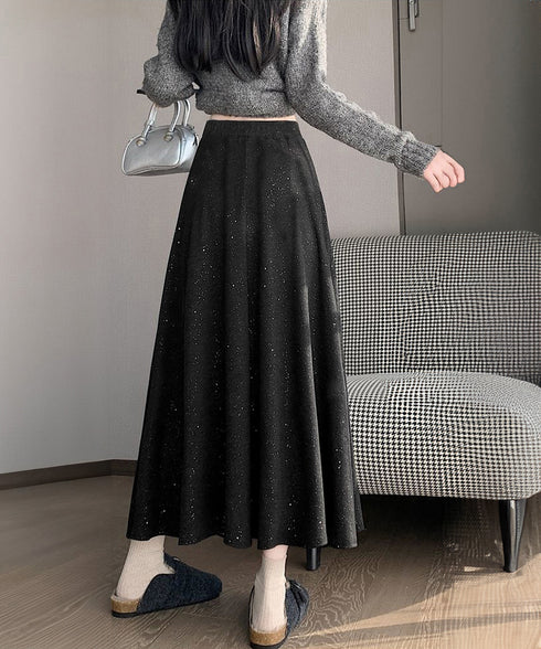 ラメ入りロングスカート キラキラスカート レディース フレアスカート ハイウエストAラインスカート カジュアルきれいめ 大人可愛いボトムス春秋冬 体型カバー韓国風 83YIKELI-003
