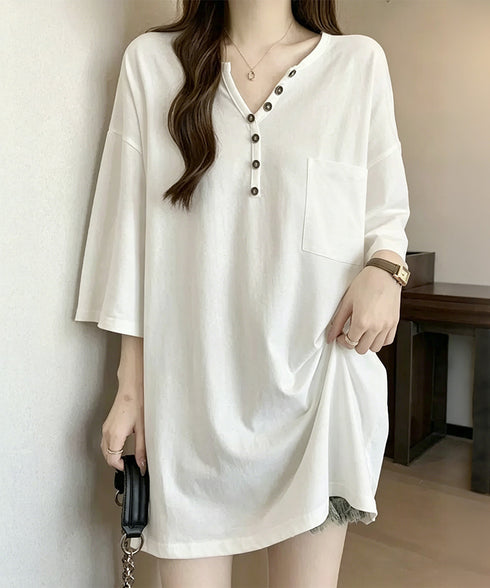 ゆったりチュニックTシャツヘンリーネック レディース オーバーサイズカットソー 体型カバーロングTシャツ ゆるシルエット ポケット付き Vネックプルオーバー韓国風 83YIKELI-004