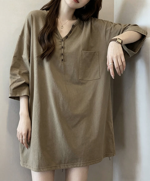 ゆったりチュニックTシャツヘンリーネック レディース オーバーサイズカットソー 体型カバーロングTシャツ ゆるシルエット ポケット付き Vネックプルオーバー韓国風 83YIKELI-004