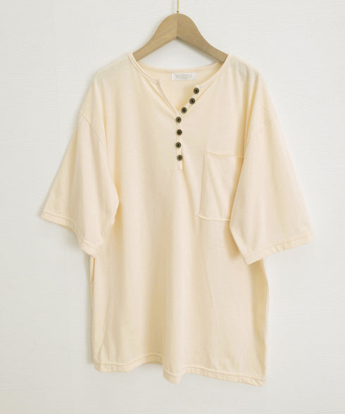 ゆったりチュニックTシャツヘンリーネック レディース オーバーサイズカットソー 体型カバーロングTシャツ ゆるシルエット ポケット付き Vネックプルオーバー韓国風 83YIKELI-004