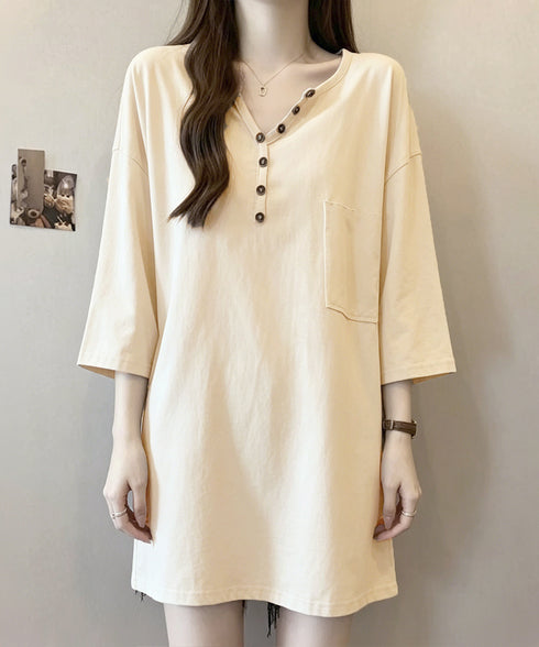 ゆったりチュニックTシャツヘンリーネック レディース オーバーサイズカットソー 体型カバーロングTシャツ ゆるシルエット ポケット付き Vネックプルオーバー韓国風 83YIKELI-004