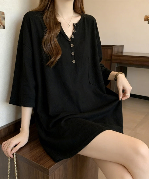 ゆったりチュニックTシャツヘンリーネック レディース オーバーサイズカットソー 体型カバーロングTシャツ ゆるシルエット ポケット付き Vネックプルオーバー韓国風 83YIKELI-004