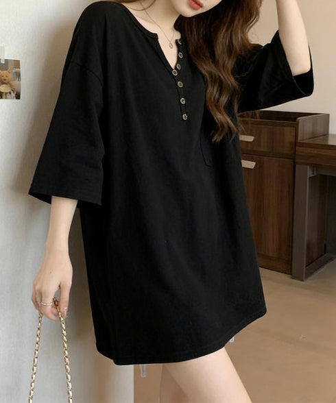 ゆったりチュニックTシャツヘンリーネック レディース オーバーサイズカットソー 体型カバーロングTシャツ ゆるシルエット ポケット付き Vネックプルオーバー韓国風 83YIKELI-004