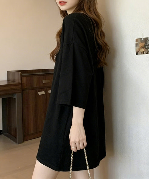 ゆったりチュニックTシャツヘンリーネック レディース オーバーサイズカットソー 体型カバーロングTシャツ ゆるシルエット ポケット付き Vネックプルオーバー韓国風 83YIKELI-004