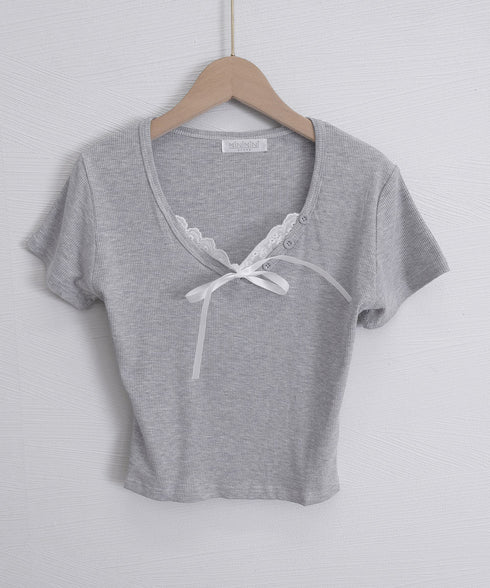 レースレイヤードテレコTシャツ着やせ夏服 レディース ヘンリーネック 半袖トップスショート丈 コンパクトリボンtシャツ大人可愛いニットソーUネック タイトトップス 83YIKELI-006