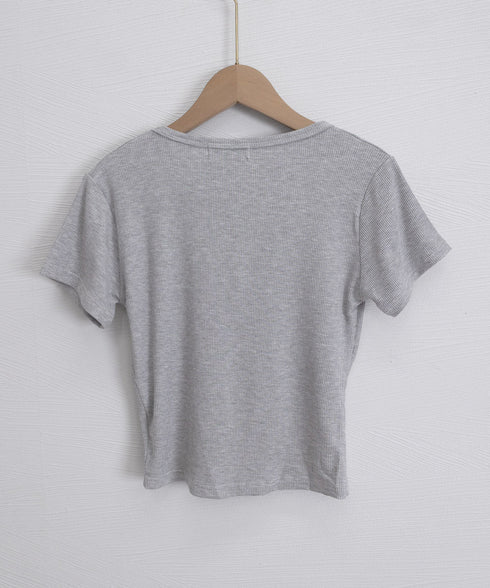 レースレイヤードテレコTシャツ着やせ夏服 レディース ヘンリーネック 半袖トップスショート丈 コンパクトリボンtシャツ大人可愛いニットソーUネック タイトトップス 83YIKELI-006
