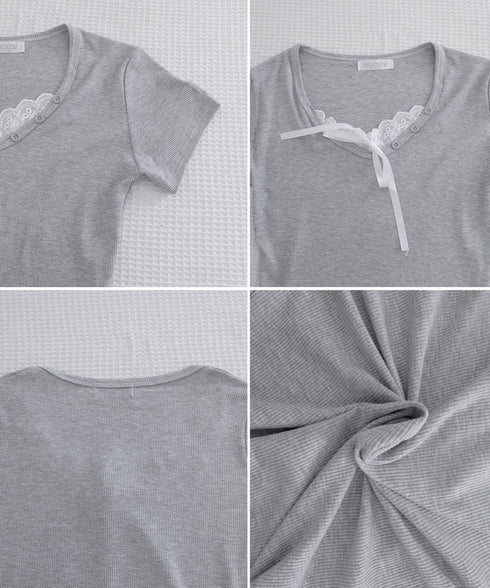 レースレイヤードテレコTシャツ着やせ夏服 レディース ヘンリーネック 半袖トップスショート丈 コンパクトリボンtシャツ大人可愛いニットソーUネック タイトトップス 83YIKELI-006