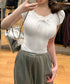 レースレイヤードテレコTシャツ着やせ夏服 レディース ヘンリーネック 半袖トップスショート丈 コンパクトリボンtシャツ大人可愛いニットソーUネック タイトトップス 83YIKELI-006