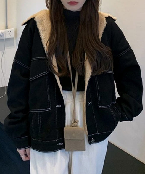 裏ファーデニムジャケットステッチブルゾン 裏起毛デニムGジャン 韓国風 ふわふわ裏ボアアウター あったか もこもこインナーファーデニムコート 体型カバー 防寒防風 83YIREN-001