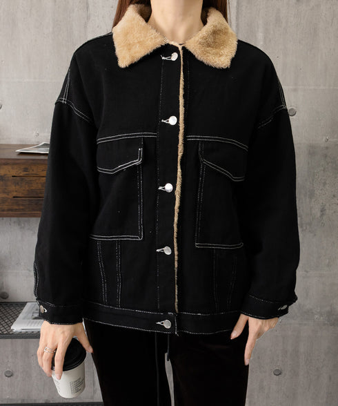 裏ファーデニムジャケットステッチブルゾン 裏起毛デニムGジャン 韓国風 ふわふわ裏ボアアウター あったか もこもこインナーファーデニムコート 体型カバー 防寒防風 83YIREN-001