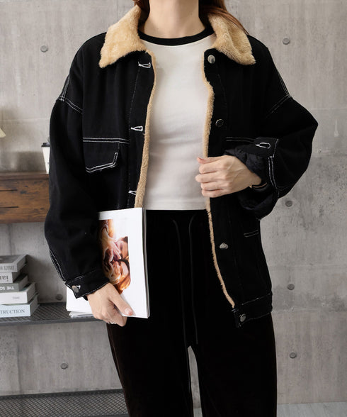 裏ファーデニムジャケットステッチブルゾン 裏起毛デニムGジャン 韓国風 ふわふわ裏ボアアウター あったか もこもこインナーファーデニムコート 体型カバー 防寒防風 83YIREN-001