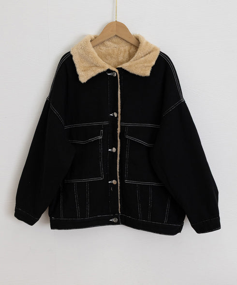 裏ファーデニムジャケットステッチブルゾン 裏起毛デニムGジャン 韓国風 ふわふわ裏ボアアウター あったか もこもこインナーファーデニムコート 体型カバー 防寒防風 83YIREN-001