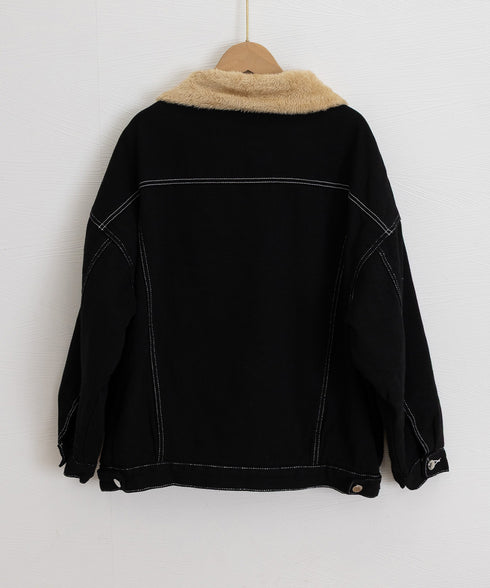 裏ファーデニムジャケットステッチブルゾン 裏起毛デニムGジャン 韓国風 ふわふわ裏ボアアウター あったか もこもこインナーファーデニムコート 体型カバー 防寒防風 83YIREN-001