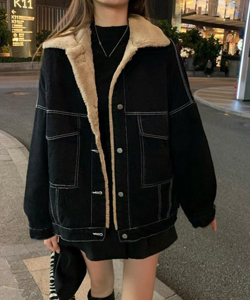裏ファーデニムジャケットステッチブルゾン 裏起毛デニムGジャン 韓国風 ふわふわ裏ボアアウター あったか もこもこインナーファーデニムコート 体型カバー 防寒防風 83YIREN-001