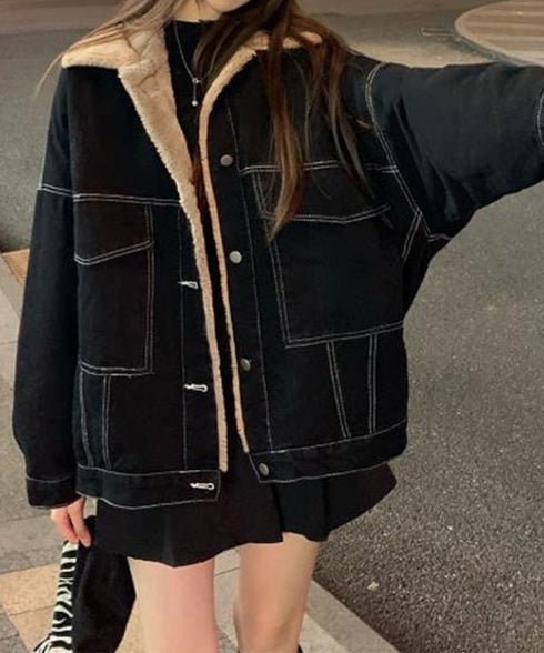 裏ファーデニムジャケットステッチブルゾン 裏起毛デニムGジャン 韓国風 ふわふわ裏ボアアウター あったか もこもこインナーファーデニムコート 体型カバー 防寒防風 83YIREN-001