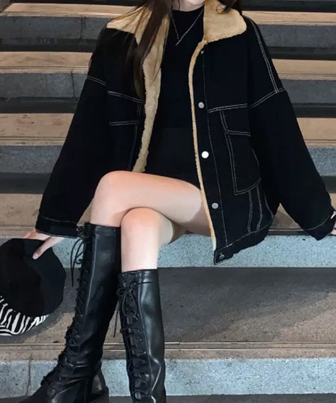 裏ファーデニムジャケットステッチブルゾン 裏起毛デニムGジャン 韓国風 ふわふわ裏ボアアウター あったか もこもこインナーファーデニムコート 体型カバー 防寒防風 83YIREN-001