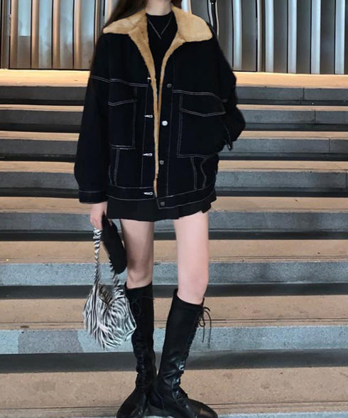 裏ファーデニムジャケットステッチブルゾン 裏起毛デニムGジャン 韓国風 ふわふわ裏ボアアウター あったか もこもこインナーファーデニムコート 体型カバー 防寒防風 83YIREN-001