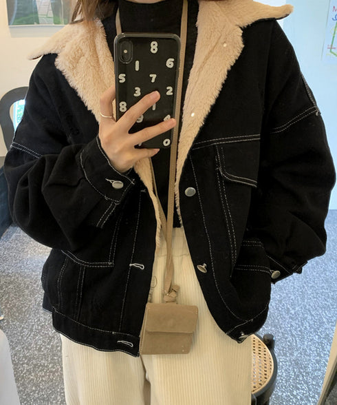 裏ファーデニムジャケットステッチブルゾン 裏起毛デニムGジャン 韓国風 ふわふわ裏ボアアウター あったか もこもこインナーファーデニムコート 体型カバー 防寒防風 83YIREN-001