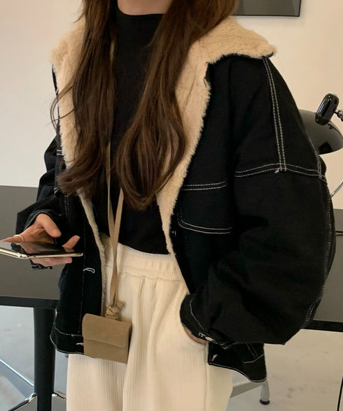 裏ファーデニムジャケットステッチブルゾン 裏起毛デニムGジャン 韓国風 ふわふわ裏ボアアウター あったか もこもこインナーファーデニムコート 体型カバー 防寒防風 83YIREN-001