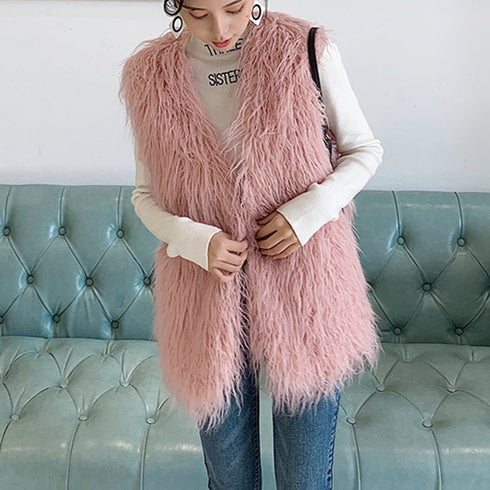 エコファーベスト レディース韓国風ベスト ボリューム シープファー風ベスト 体型カバー 重ね着ファージレフェミニンファージャケットゆったり ミドル丈ふんわり着やせ 83YMHT-001